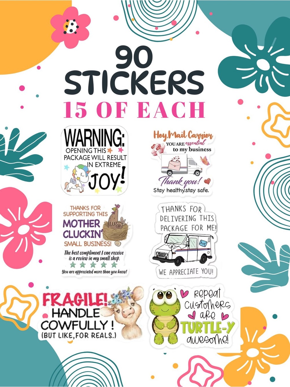 90 Assorted Mailer Stickers 15 of Each